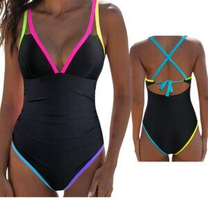 Popvil Women’s One Piece Swimsuit – Neon Color Block – Size XL – NWT